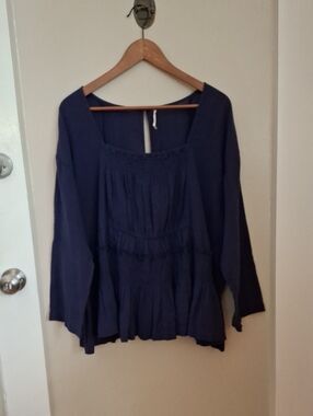 Free People Women's Navy Smocked Peasant Blouse - Relaxed Long Sleeve Top_1